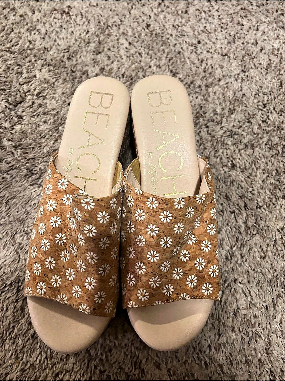 BEACH Floral Platform Wedge Sandals in Brown & White